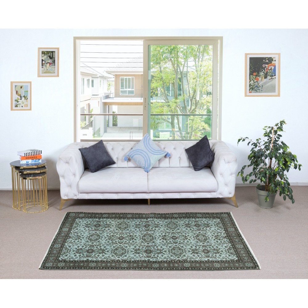 Decorative Blue Color Handmade Turkish Wool Area Rug with Flower Design