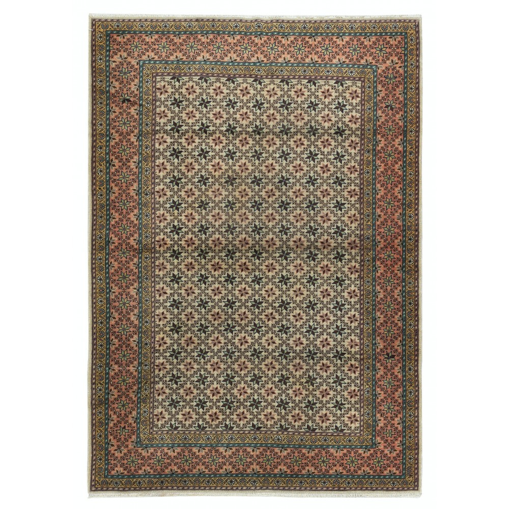 One of a kind Vintage Handmade Turkish Area Rug with Floral Design, 100% Wool