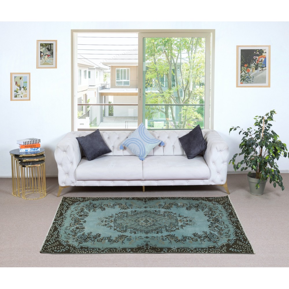 Contemporary Handmade Blue Color Turkish Wool Area Rug with Medallion Design