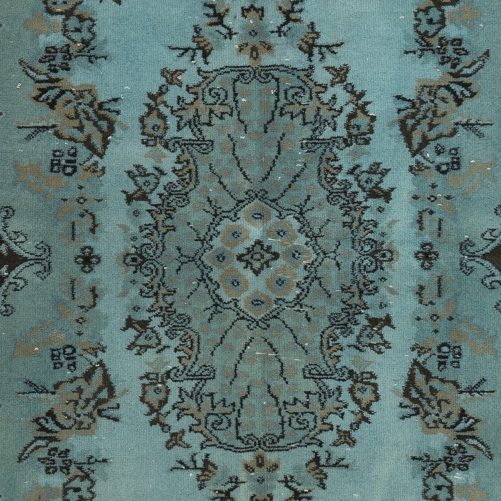 Contemporary Handmade Blue Color Turkish Wool Area Rug with Medallion Design