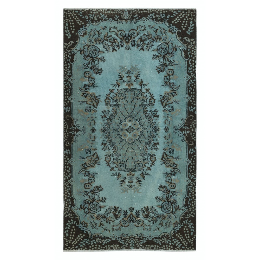 Contemporary Handmade Blue Color Turkish Wool Area Rug with Medallion Design