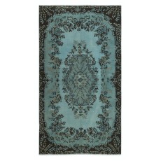 Contemporary Handmade Blue Color Turkish Wool Area Rug with Medallion Design