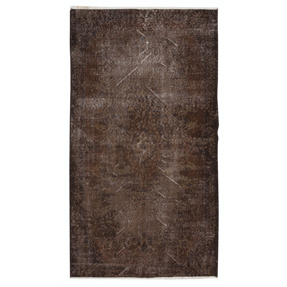 Distressed Hand Knotted Wool Rug, Shabby Chic Brown Color Turkish Accent Rug