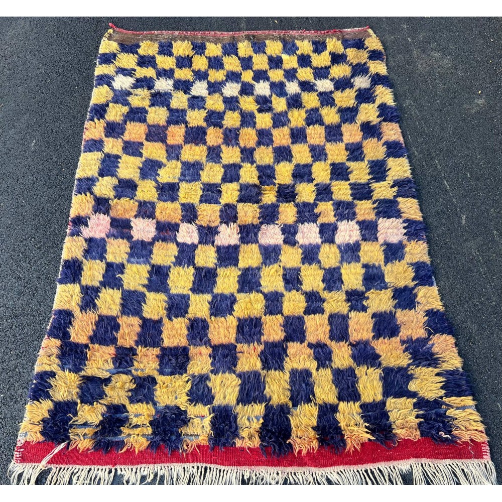 Vintage Handmade Turkish Tulu Rug with Checkered Design. Circa 1950