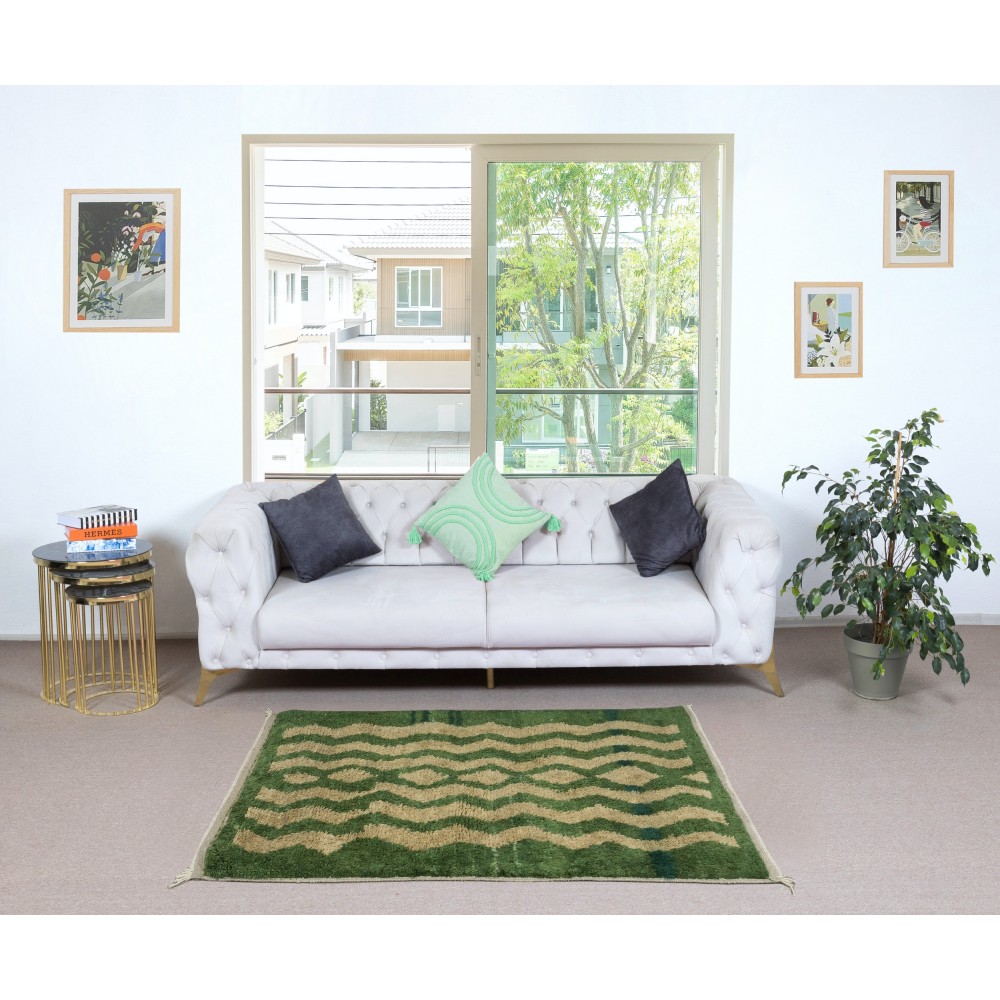 Custom Hand Knotted "Tulu" Rug, Green Zigzag Design Turkish Carpet. 100% Soft Wool