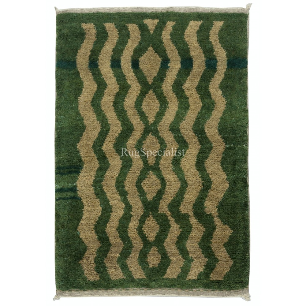 Custom Hand Knotted "Tulu" Rug, Green Zigzag Design Turkish Carpet. 100% Soft Wool
