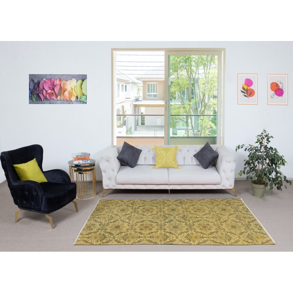 Handmade Floral Patterned Turkish Rug in Yellow Color, Contemporary Anti-bacterial Floor Covering