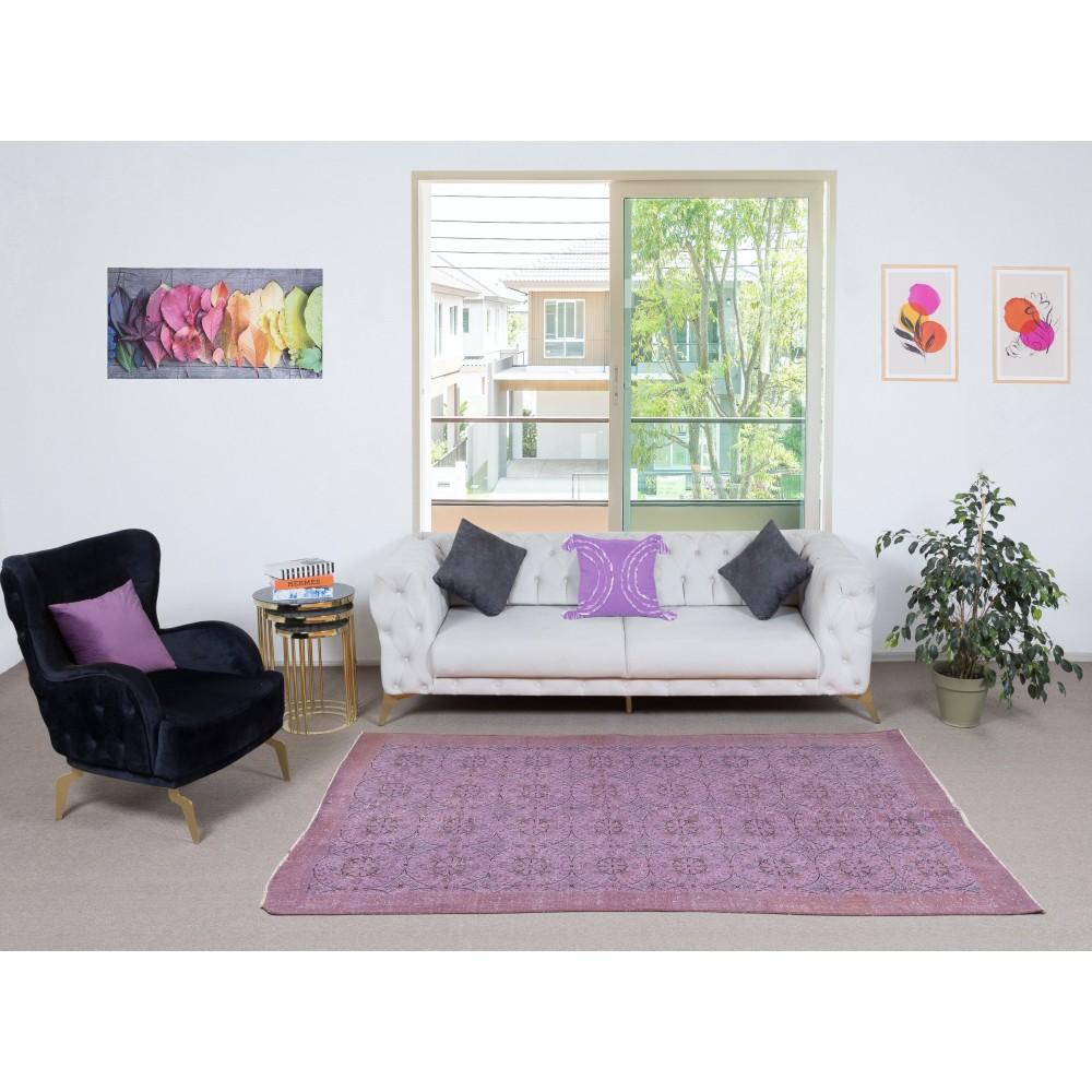 Contemporary Floral Patterned Area Rug in Purple, Hand-Knotted in Turkey