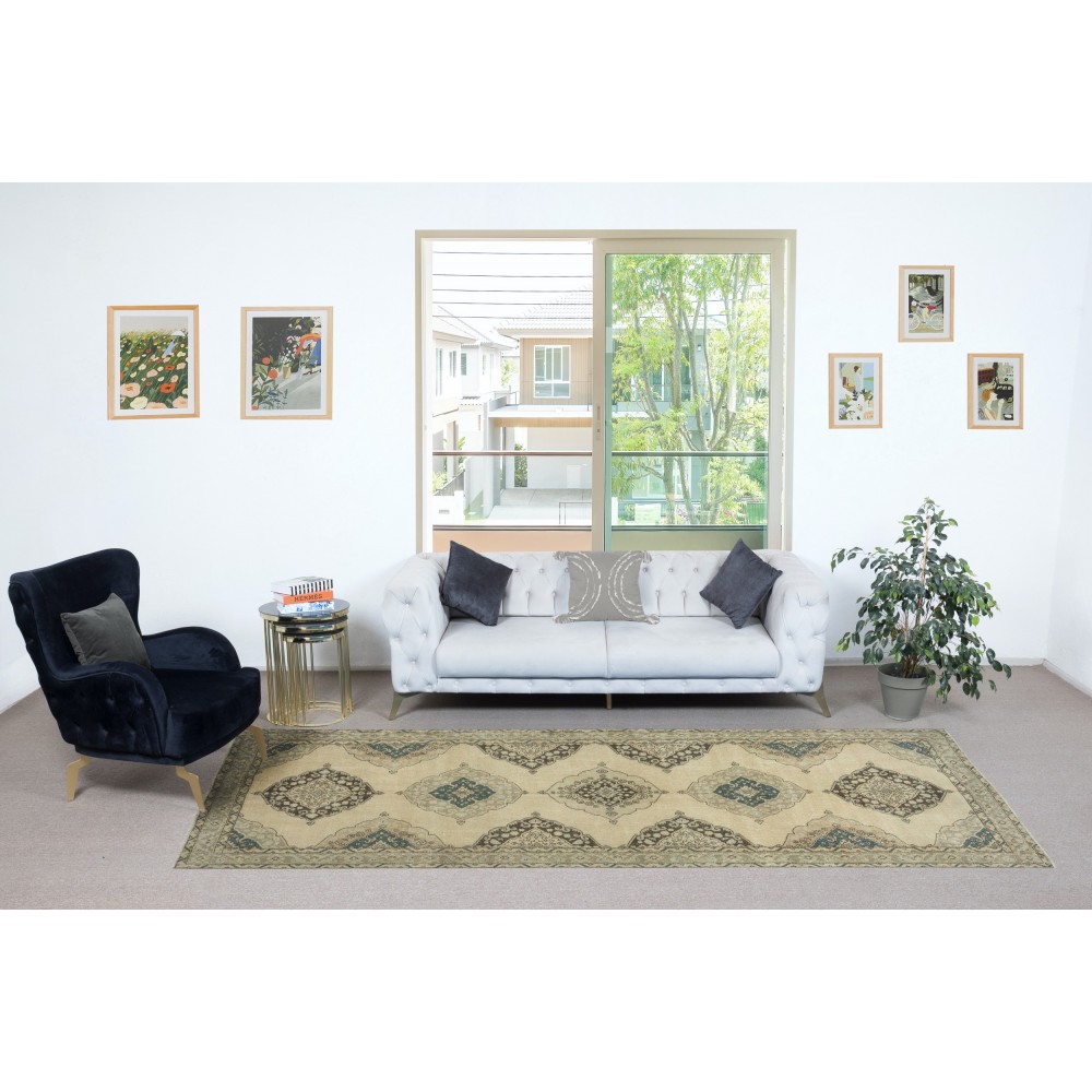 Vintage Runner Rug for Kitchen. Handmade Hallway Rug. Oushak Stair Rug. Corridor Rug. Beige Entryway Rug