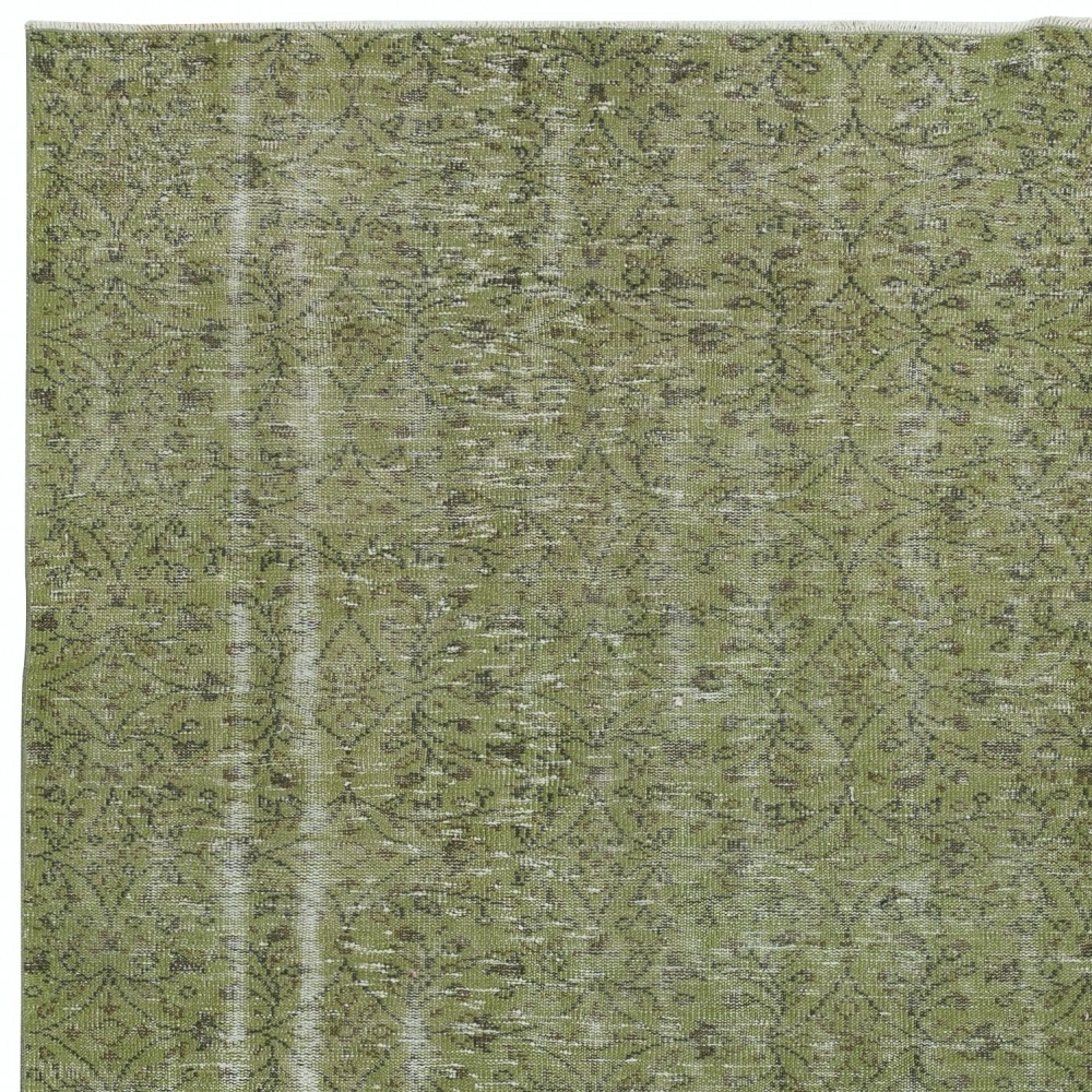 Hand-Made Floral Patterned Rug from Turkey. Green Color Re-Dyed Area Rug
