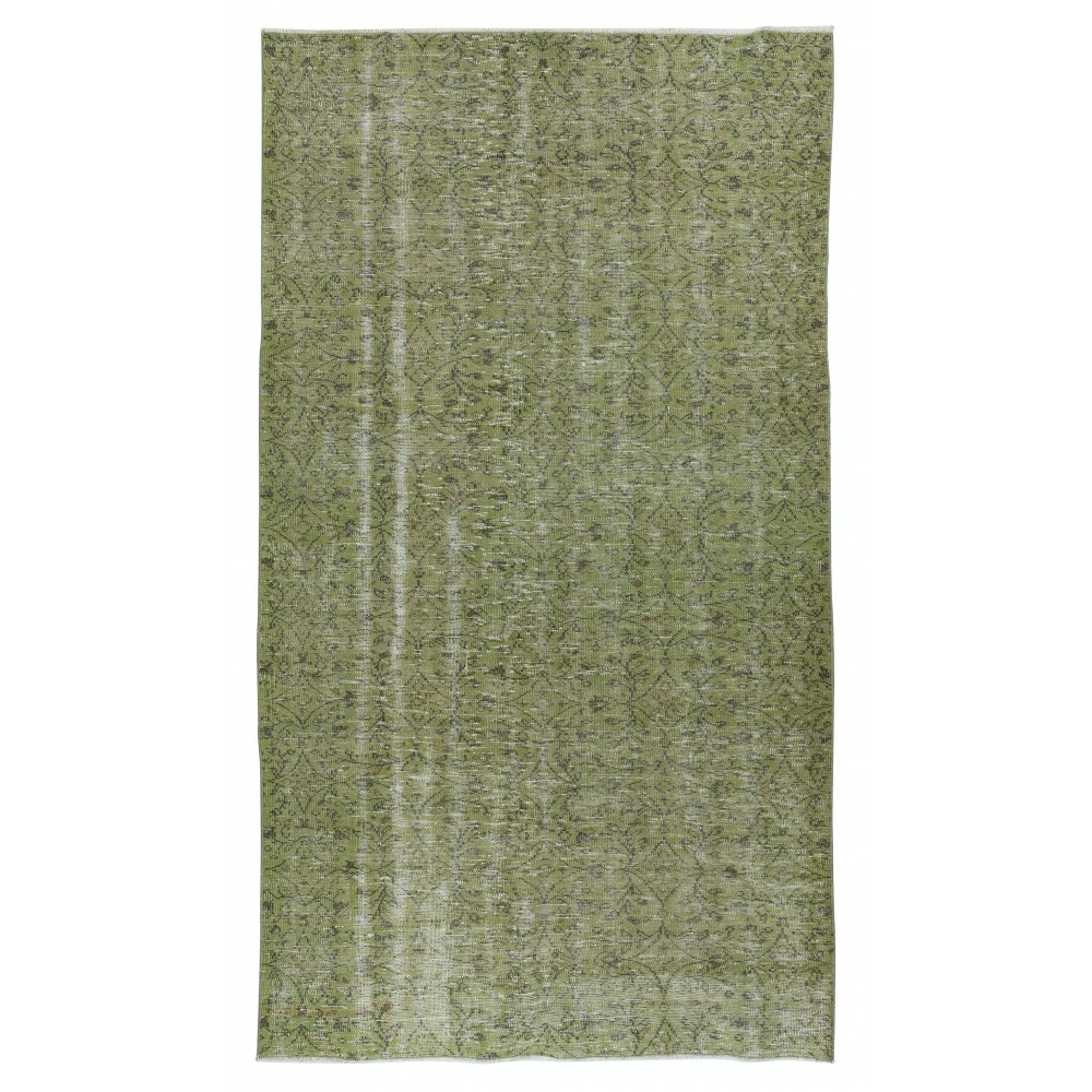 Hand-Made Floral Patterned Rug from Turkey. Green Color Re-Dyed Area Rug