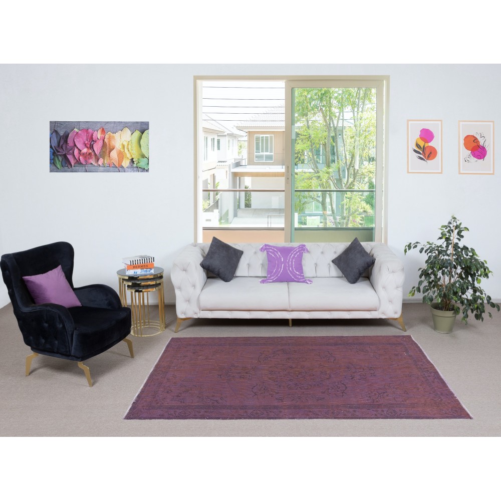 Hand-Made Purple Floor Rug from Turkey, Redyed Bohem Carpet for Living Room