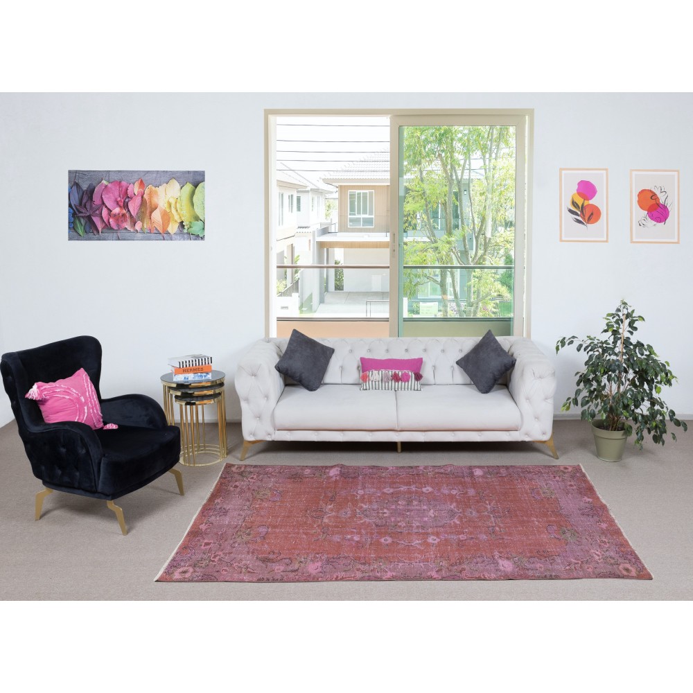 Vintage Handmade Turkish Area Rug redyed in Purple Color for modern interiors