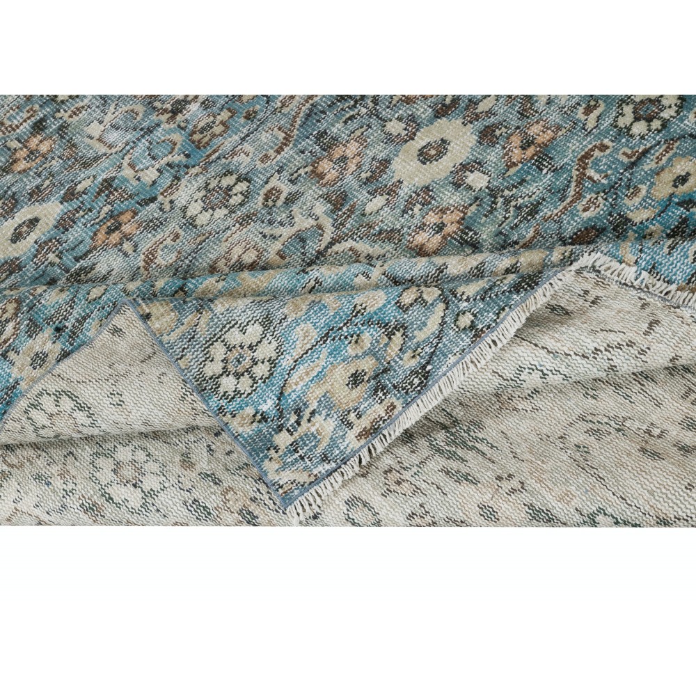 Unique Vintage Handmade Area Rug with Floral Design & Blue Background