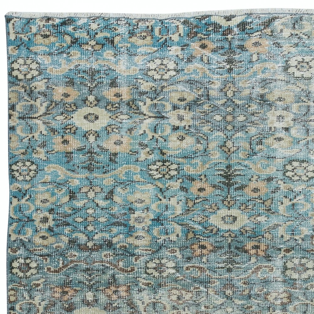 Unique Vintage Handmade Area Rug with Floral Design & Blue Background