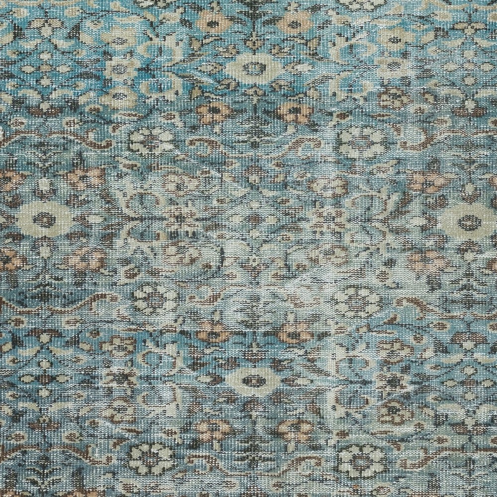 Unique Vintage Handmade Area Rug with Floral Design & Blue Background