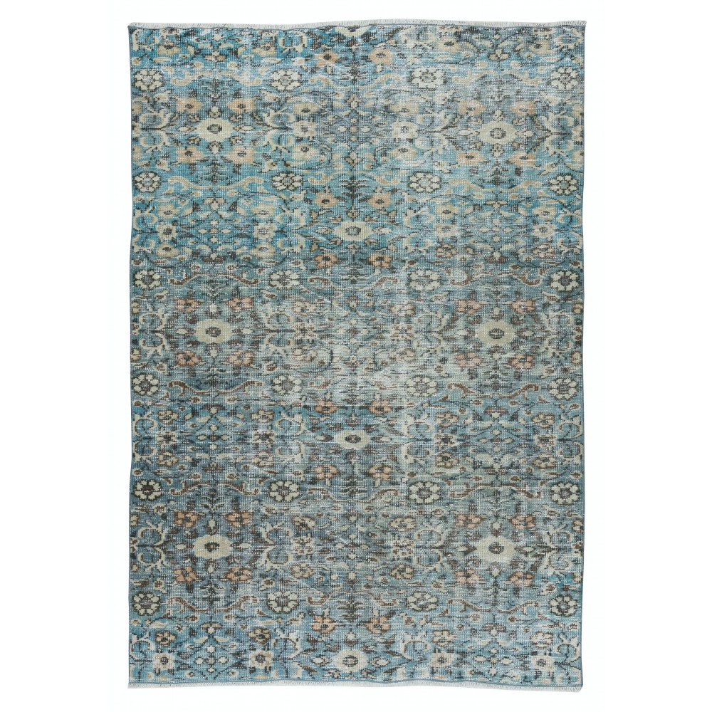 Unique Vintage Handmade Area Rug with Floral Design & Blue Background