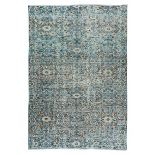 Unique Vintage Handmade Area Rug with Floral Design & Blue Background