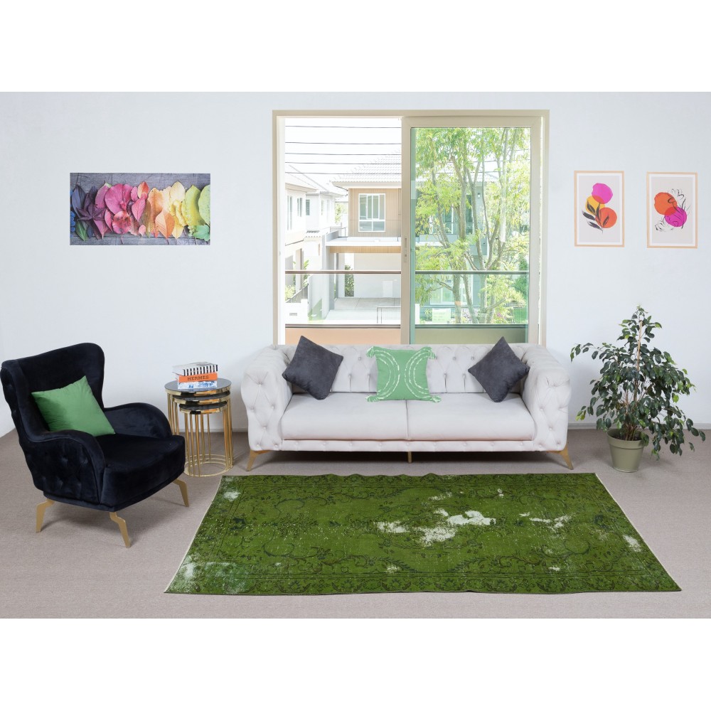 Contemporary Hand-knotted Area Rug. Green Color Turkish Floor Covering