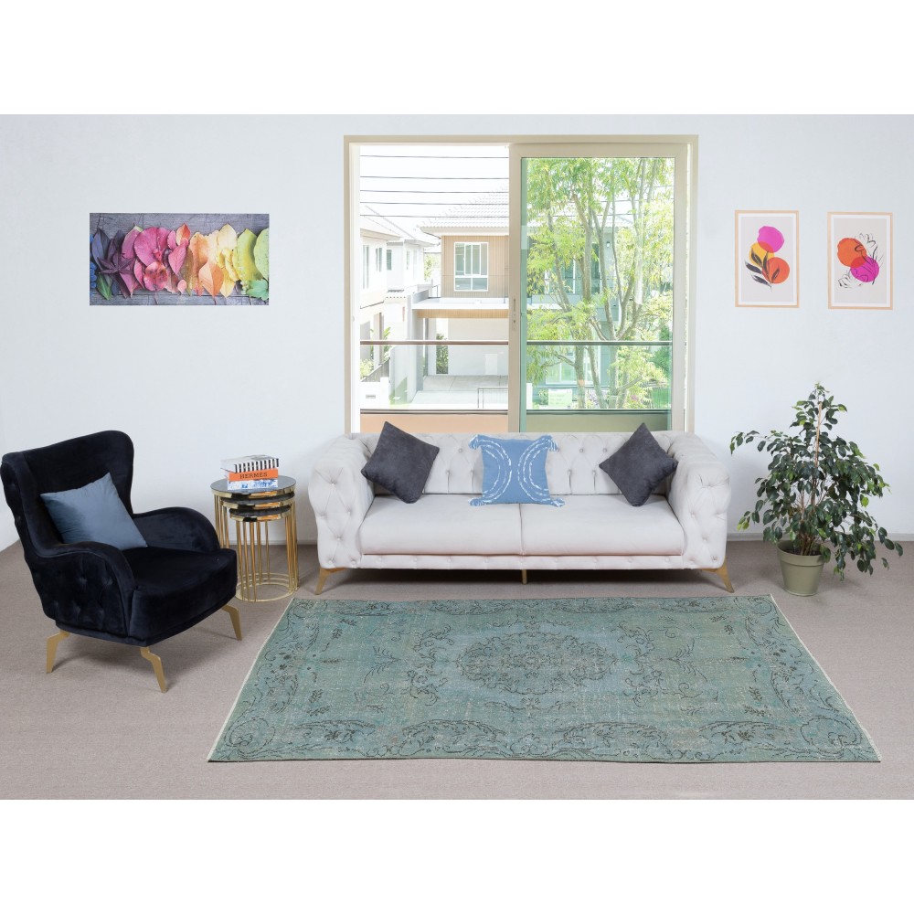 Contemporary Handmade Turkish Area Rug Over-Dyed in Light Blue. Woolen Floor Covering