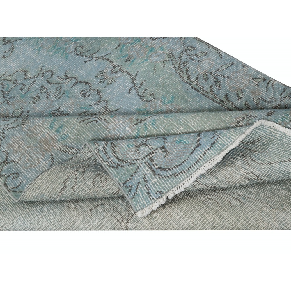 Contemporary Handmade Turkish Area Rug Over-Dyed in Light Blue. Woolen Floor Covering