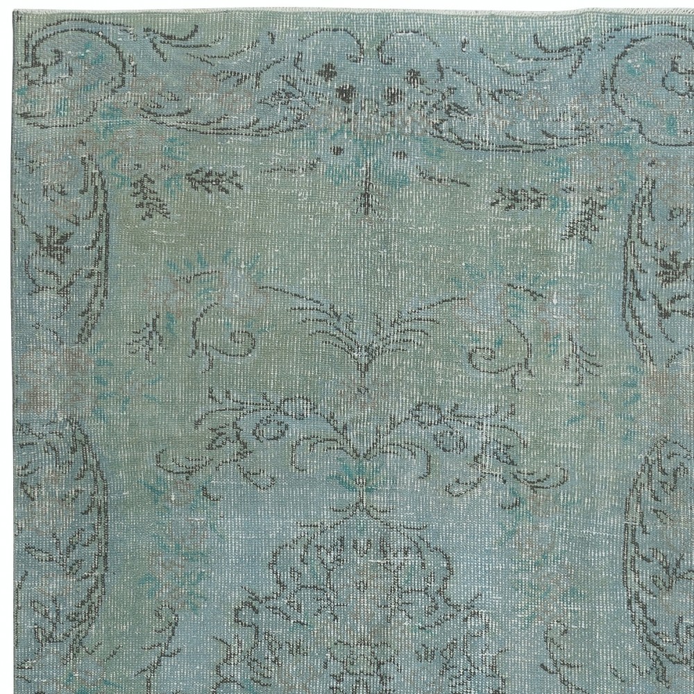 Contemporary Handmade Turkish Area Rug Over-Dyed in Light Blue. Woolen Floor Covering