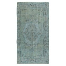 Contemporary Handmade Turkish Area Rug Over-Dyed in Light Blue. Woolen Floor Covering