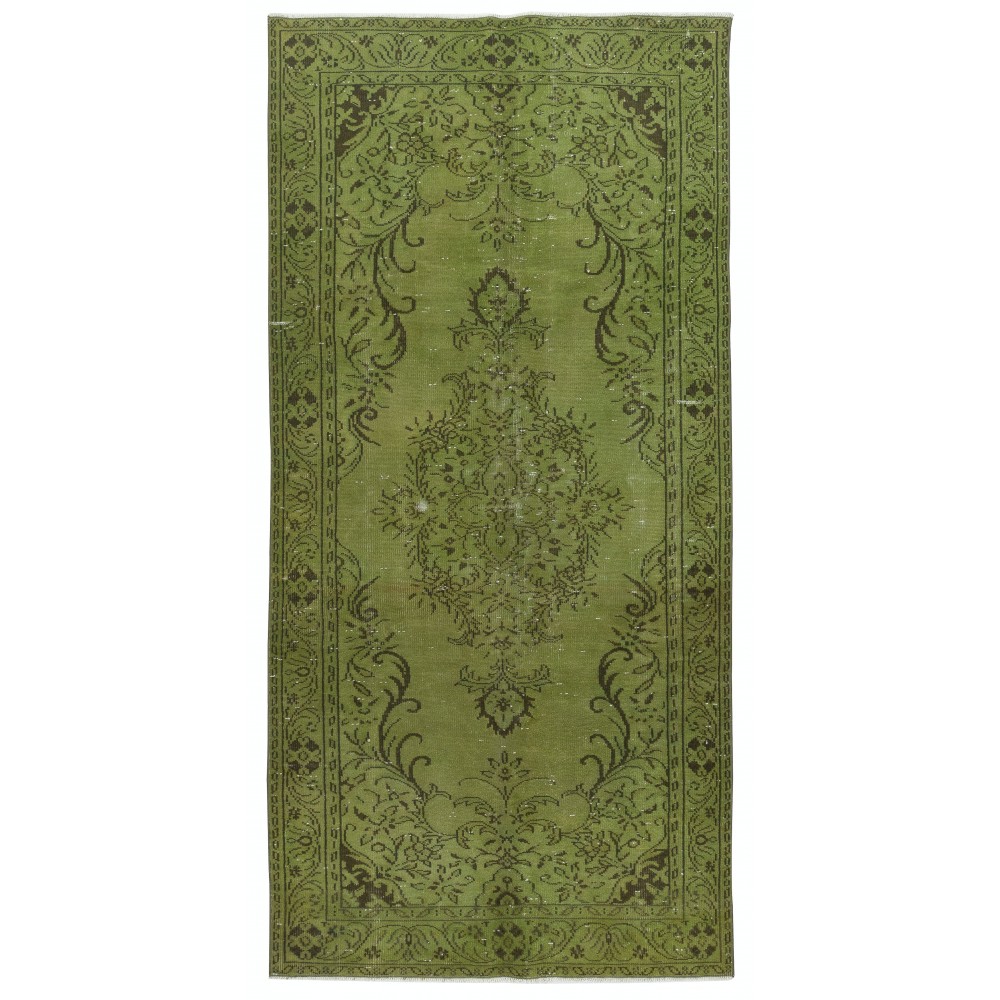 Green Color Modern Area Rug with Medallion Design. Hand-Knotted in Turkey