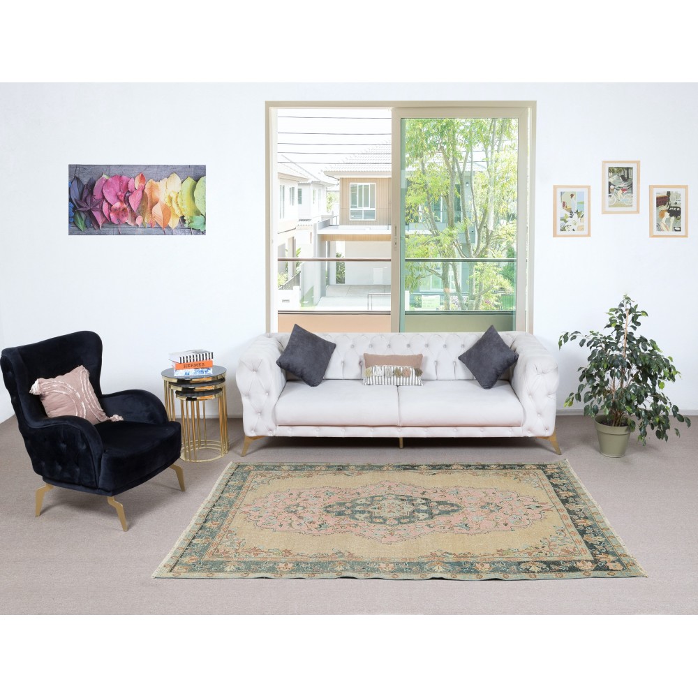 Vintage Handmade Turkish Area Rug with Medallion Design