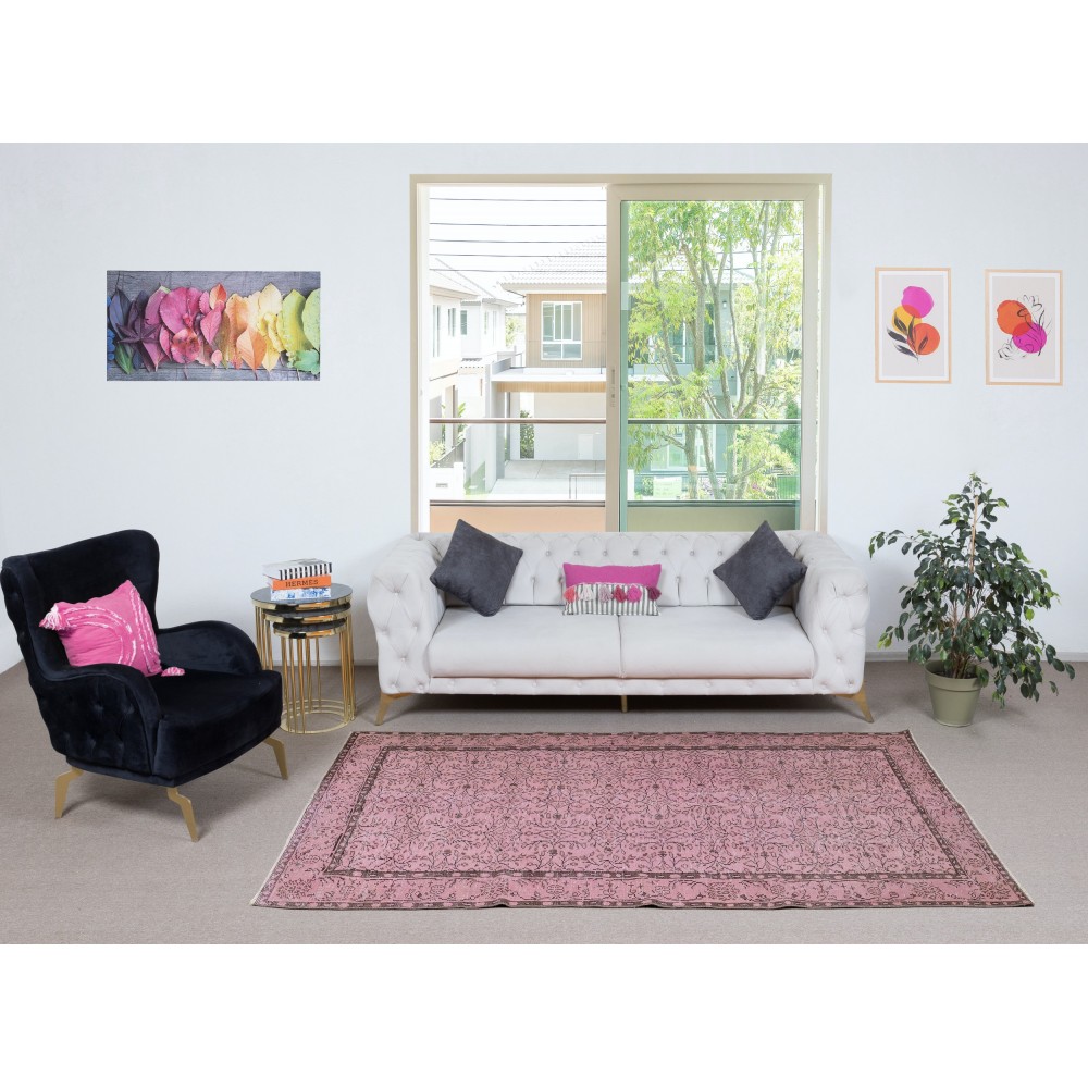Hand-Made Floral Design Wool Rug from Turkey. Pink Color Re-Dyed Area Rug