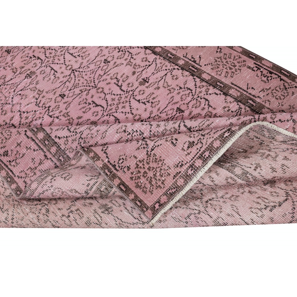 Hand-Made Floral Design Wool Rug from Turkey. Pink Color Re-Dyed Area Rug