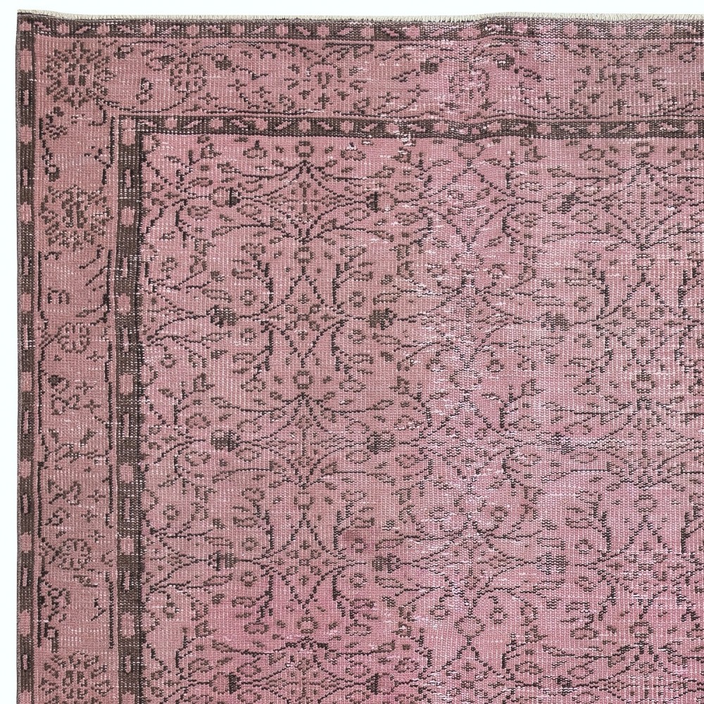 Hand-Made Floral Design Wool Rug from Turkey. Pink Color Re-Dyed Area Rug