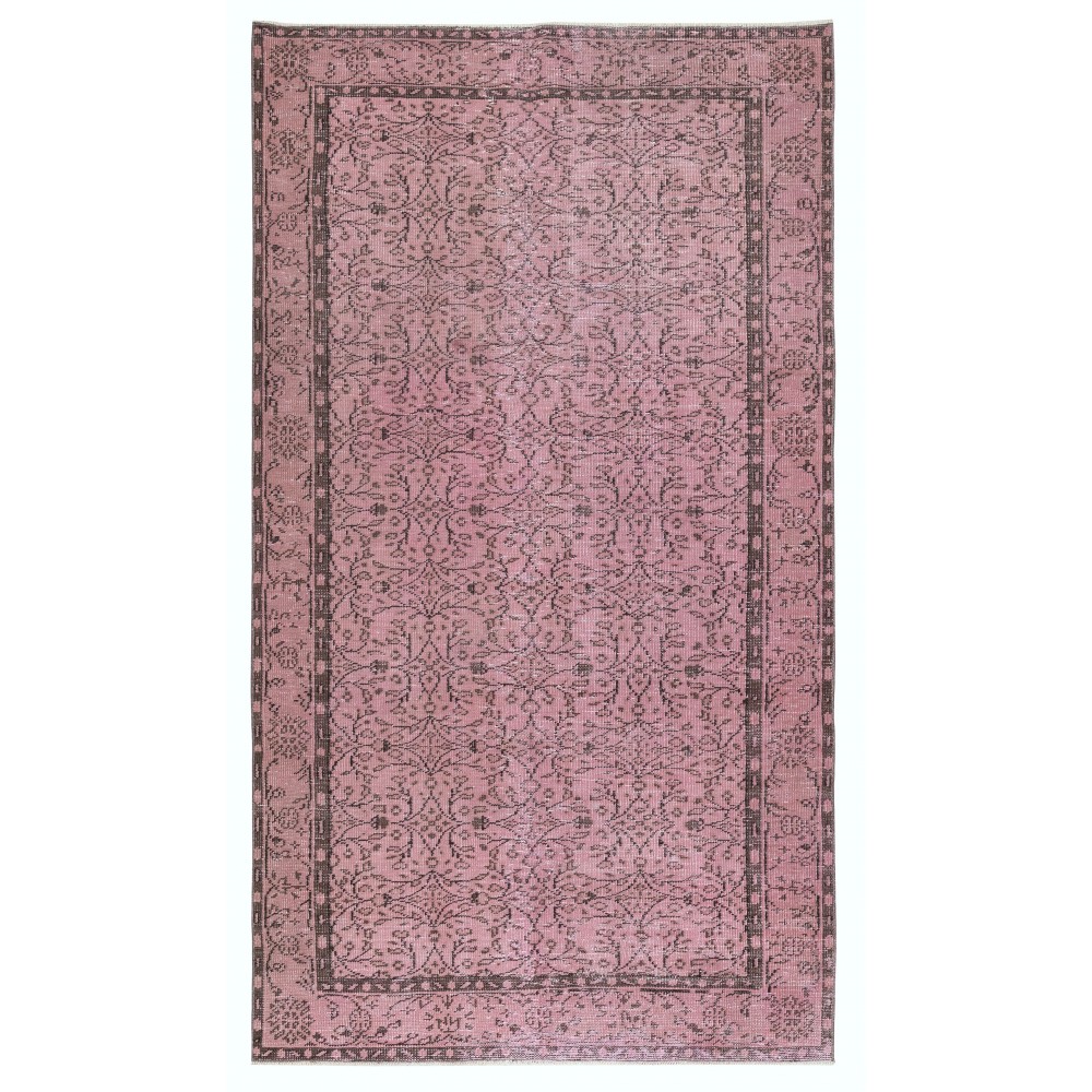 Hand-Made Floral Design Wool Rug from Turkey. Pink Color Re-Dyed Area Rug