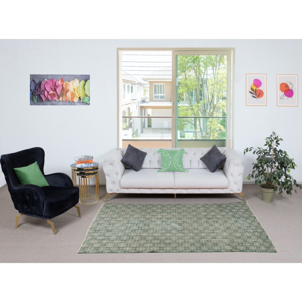 Decorative Green Color Handmade Turkish Area Rug for Contemporary Interiors