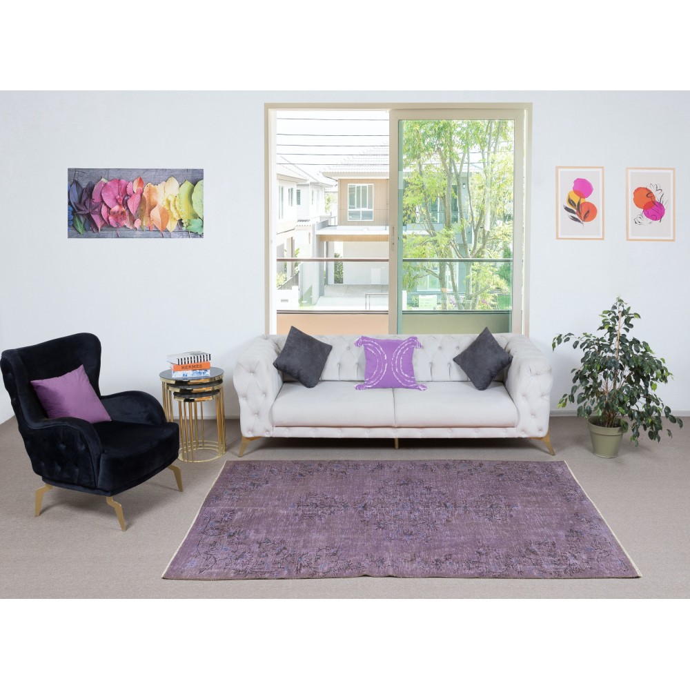 Vintage Handmade Turkish Area Rug redyed in Purple Color for contemporary interiors