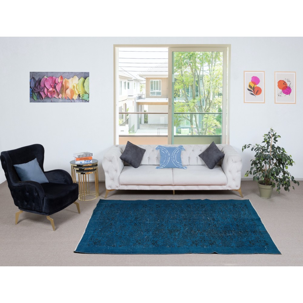 Vintage Handmade Turkish Area Rug redyed in Dark Blue Color for modern interiors
