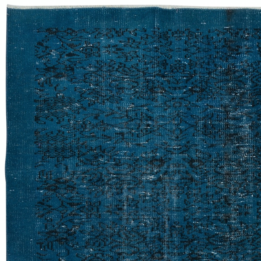 Vintage Handmade Turkish Area Rug redyed in Dark Blue Color for modern interiors