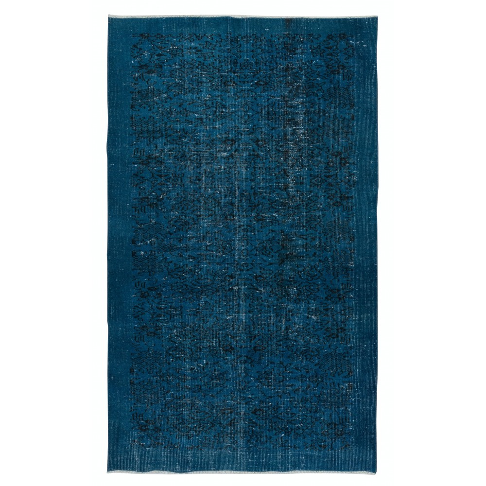 Vintage Handmade Turkish Area Rug redyed in Dark Blue Color for modern interiors
