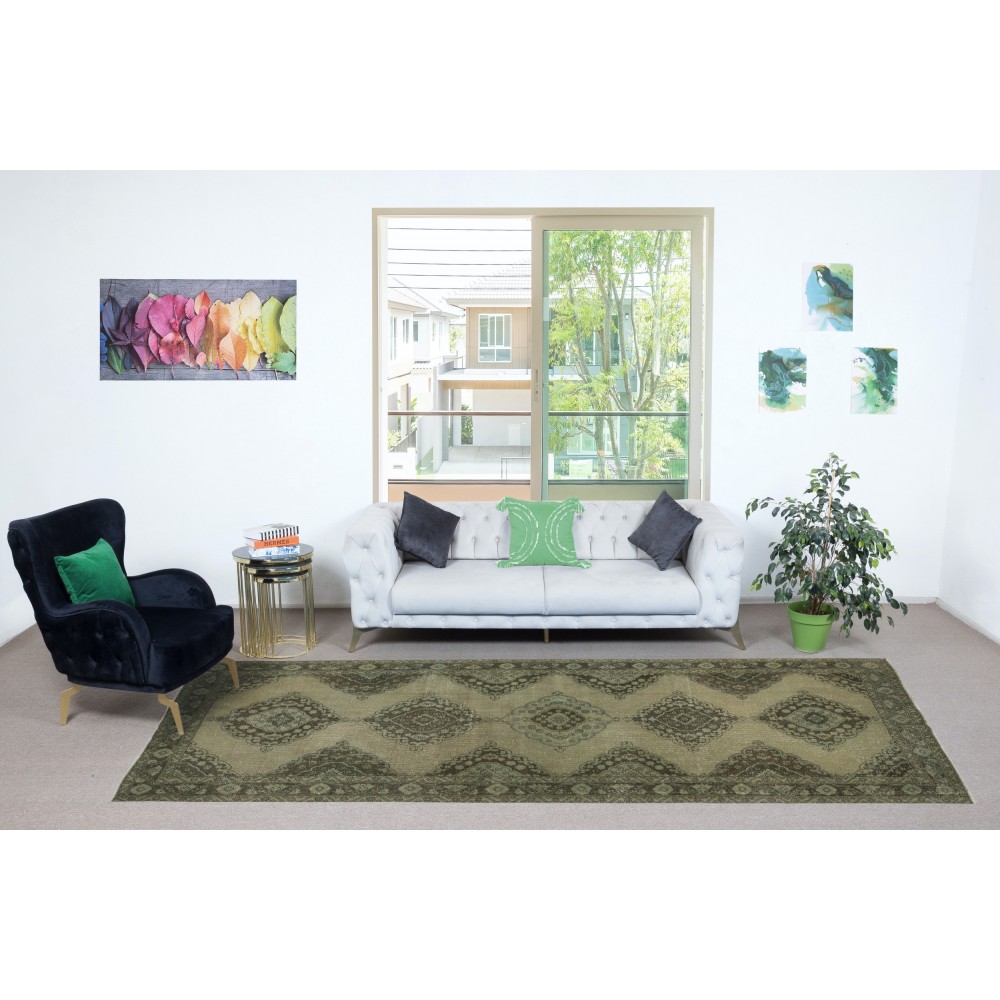 Green Hallway Runner. Kitchen Rug. Handmade Corridor Rug. Stair Rug