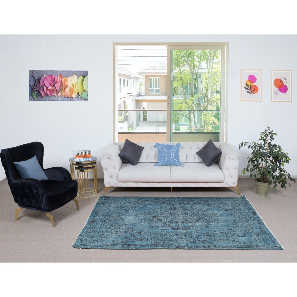 Contemporary Hand Knotted Turkish Wool Area Rug Re-Dyed in Blue Color