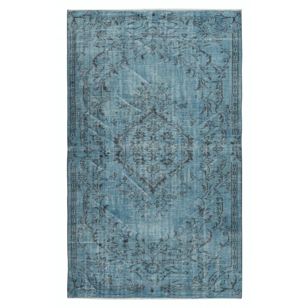Contemporary Hand Knotted Turkish Wool Area Rug Re-Dyed in Blue Color