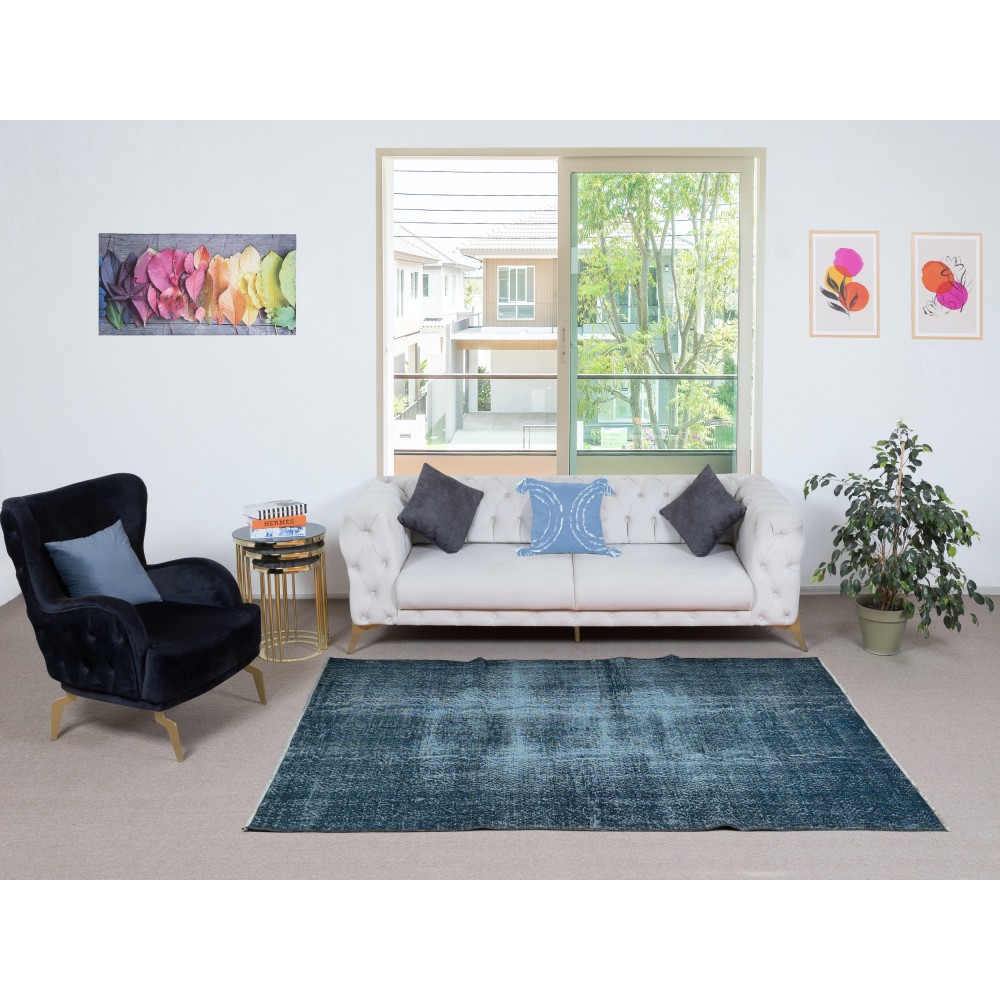 Modern Area Rug Overdyed in Solid Blue, Hand-woven and Hand-knotted in Turkey