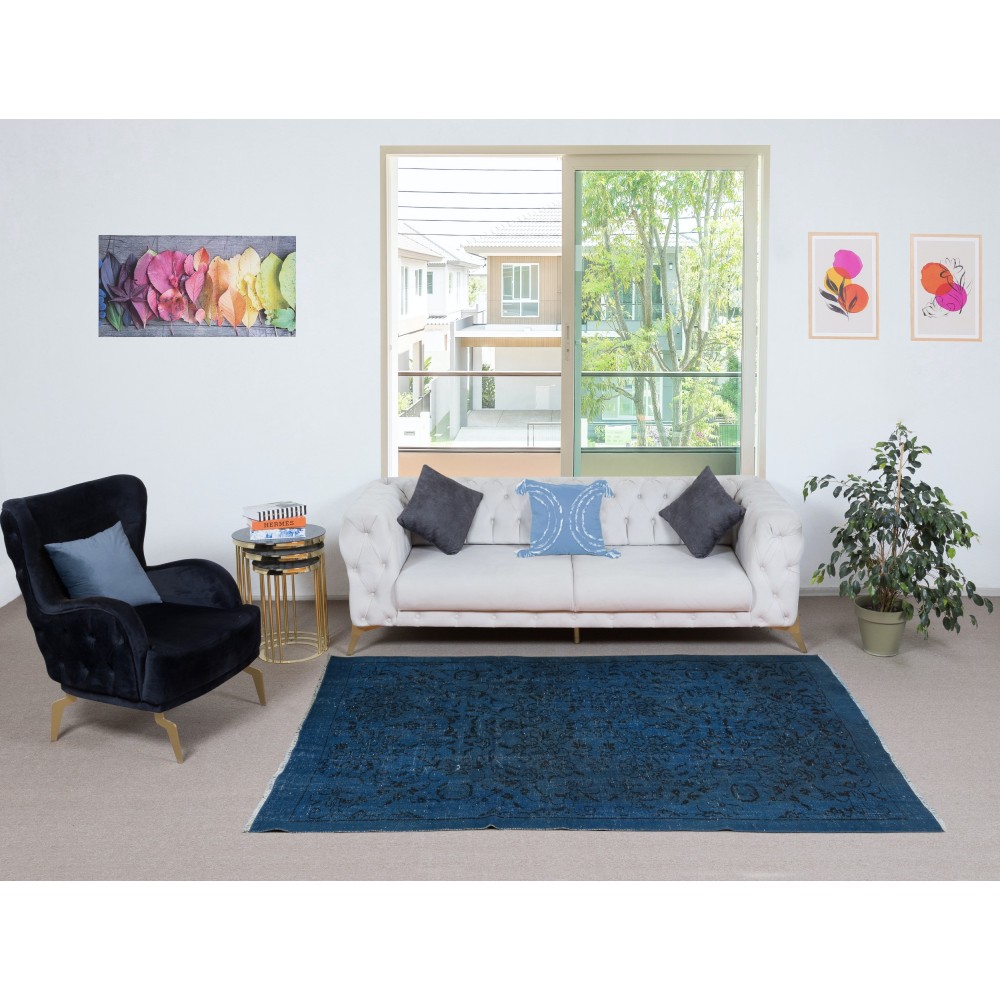Contemporary Handmade Navy Blue Color Area Rug, Hand Knotted Turkish Floor Covering