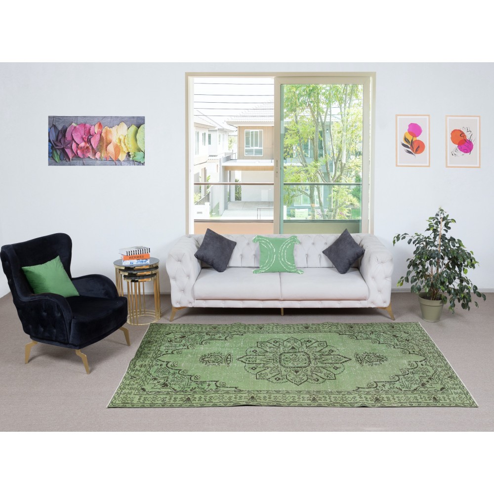 Authentic Handmade Green Color Turkish Area Rug for Modern Interiors