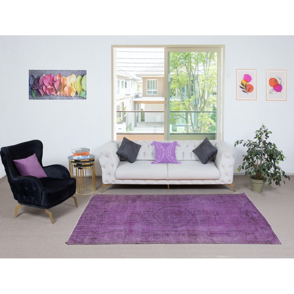Turkish Floor Rug in Purple Color, Modern Hand Knotted Rug for Kitchen and Living Room