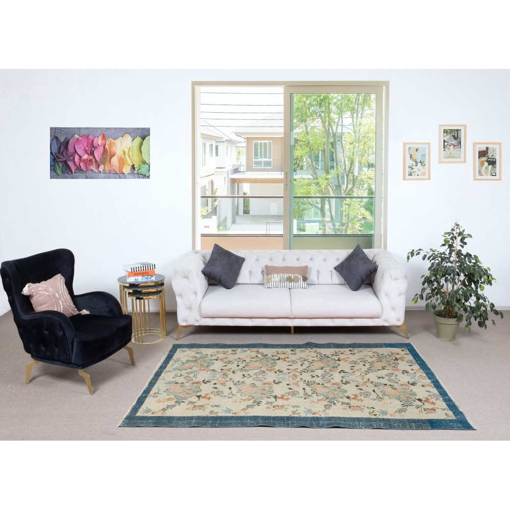 Vintage Hand-Made Beige Turkish Area Rug with Floral Design & Solid Navy Blue Border