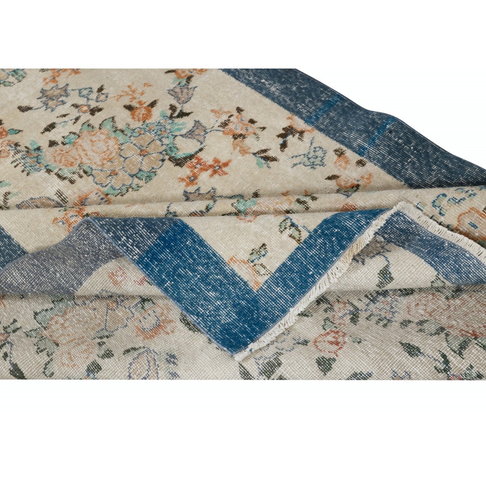 Vintage Hand-Made Beige Turkish Area Rug with Floral Design & Solid Navy Blue Border