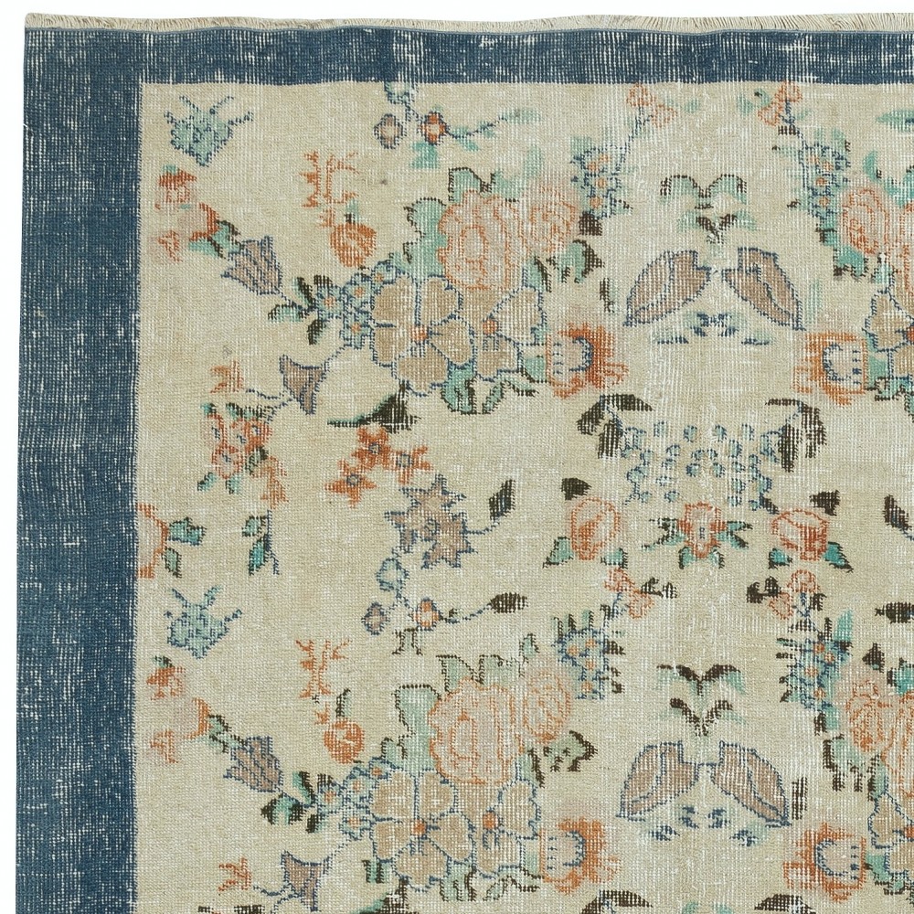 Vintage Hand-Made Beige Turkish Area Rug with Floral Design & Solid Navy Blue Border