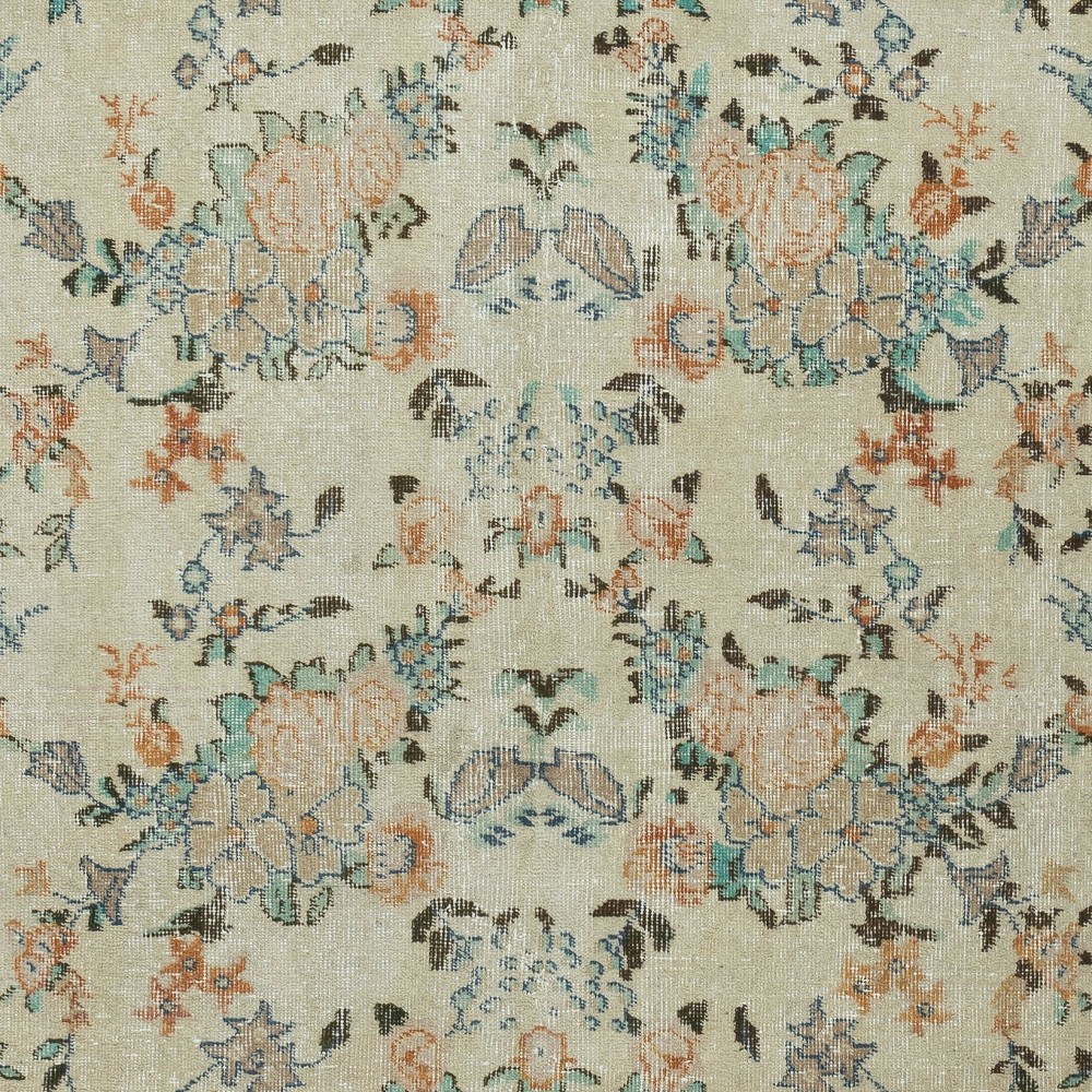 Vintage Hand-Made Beige Turkish Area Rug with Floral Design & Solid Navy Blue Border