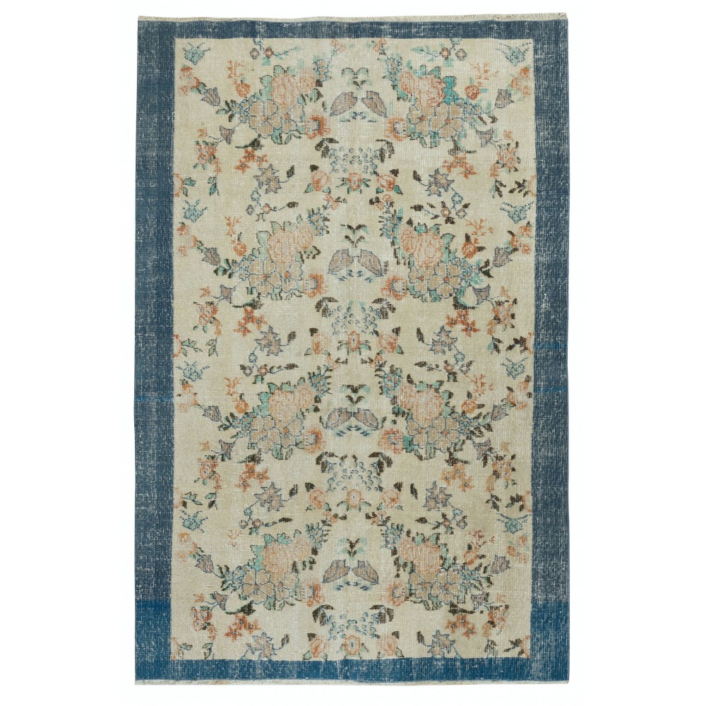 Vintage Hand-Made Beige Turkish Area Rug with Floral Design & Solid Navy Blue Border